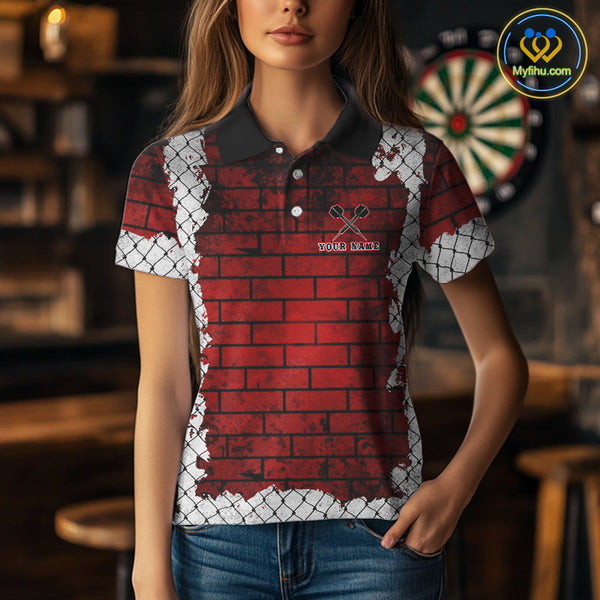 Custom Black And Red Brick Wall Bull Dog Dart Polo Shirt For Women, Team Uniform NYN0462