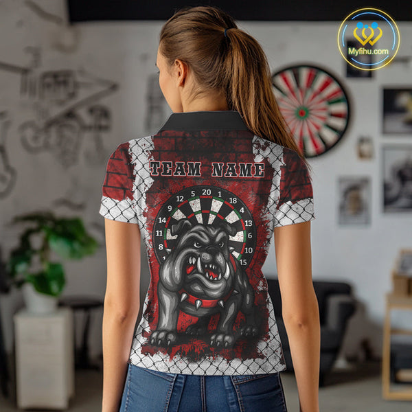 Custom Black And Red Brick Wall Bull Dog Dart Polo Shirt For Women, Team Uniform NYN0462
