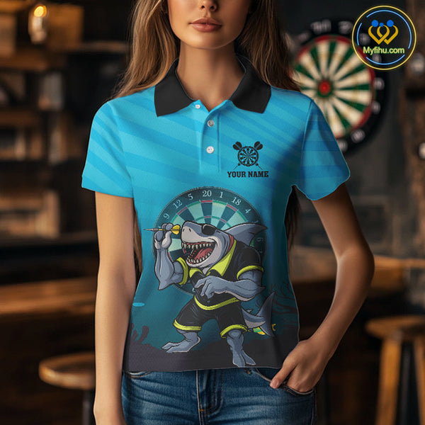 Custom Aqua Blue Shark Dartboard Dart Team Polo Shirts For Women, Dart Jerseys NYN0706