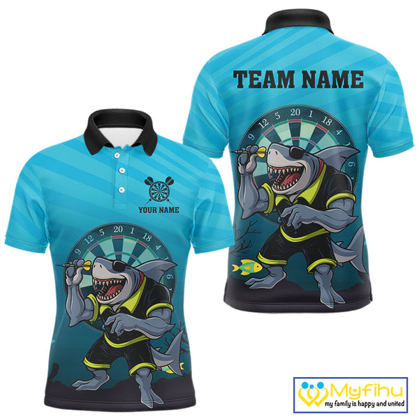 Custom Aqua Blue Shark Dartboard Dart Team Polo Shirts For Men, Dart Jerseys NYN0706