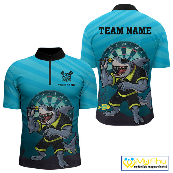 Custom Aqua Blue Shark Dartboard Dart Team Quarter-Zip Shirts For Men, Dart Jerseys NYN0706