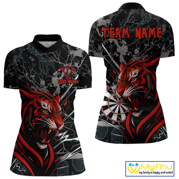 Custom Black And Red Tiger Dart Quarter-Zip Shirts For Women, Tiger Dart League Shirt NYN0711