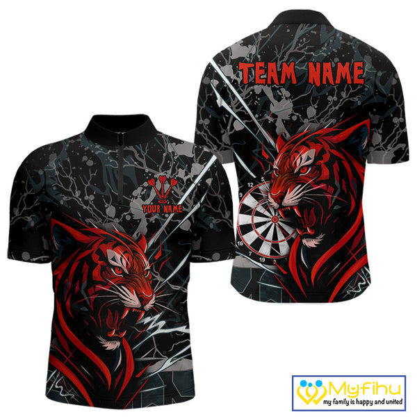Custom Black And Red Tiger Dart Quarter-Zip Shirts For Men, Tiger Dart League Shirt NYN0711