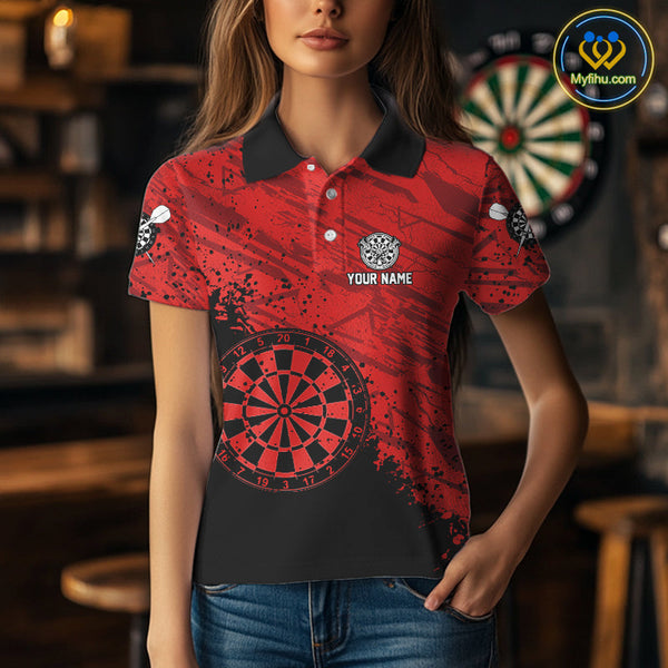 Custom Black And Red Grunge Dartboard Dart Tournament Women Polo Shirts, Dart Team Shirt NYN0108