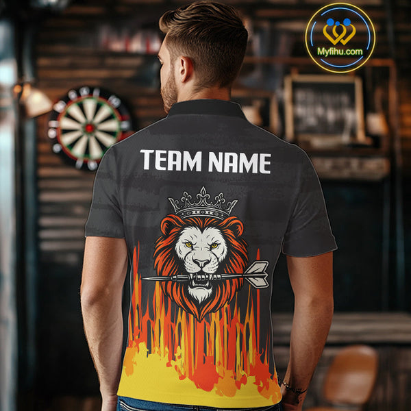 Custom Black, Orange And Yellow Lion Darts King Dart Polo Shirts For Men, Dart Team Shirt NYN0109