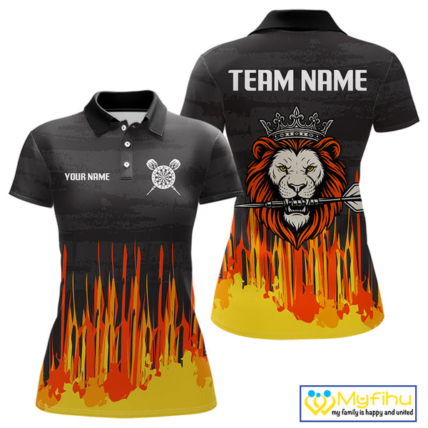 Custom Black, Orange And Yellow Lion Darts King Dart Polo Shirt For Women, Dart Team Shirt NYN0109