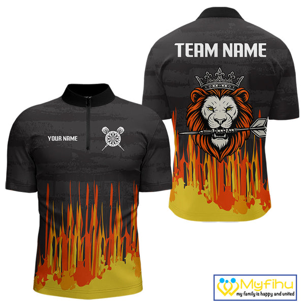 Custom Black, Orange And Yellow Lion Darts King Dart Quarter-Zip Shirts For Men, Dart Team Shirt NYN0109