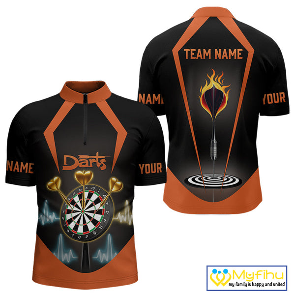 Custom Orange Flame Dart Quarter-Zip Shirts For Men, Golden Hearts Darts Jerseys NYN0724