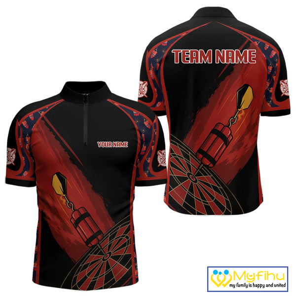 Custom Black And Red Darts Exploding Dart Team Quarter-Zip Shirts For Men, Dart Tournament Shirt NYN0114