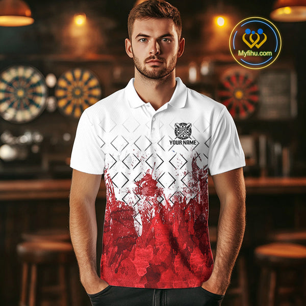 Custom Grunge White And Red Skull Dart Team Polo Shirts For Men, Halloween Dart Outfit NYN0117