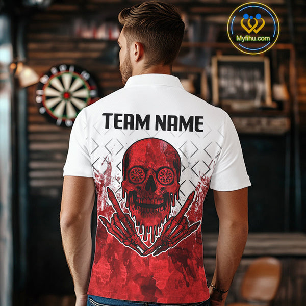 Custom Grunge White And Red Skull Dart Team Polo Shirts For Men, Halloween Dart Outfit NYN0117
