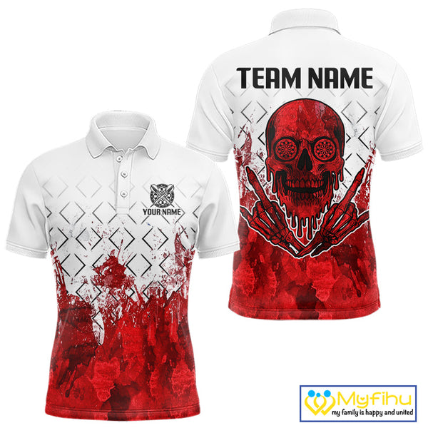 Custom Grunge White And Red Skull Dart Team Polo Shirts For Men, Halloween Dart Outfit NYN0117