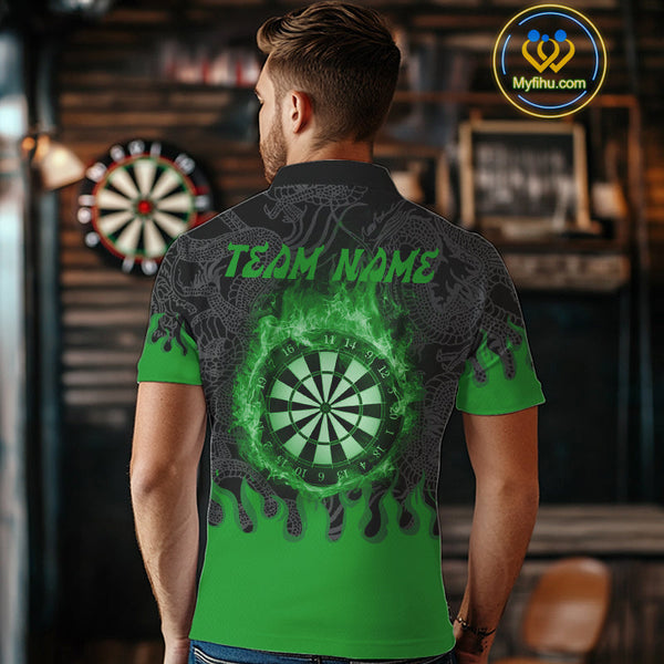 Custom Black And Green Fire Flame Dartboard Dragon Dart Team Men Polo Shirts, Dart Jersey NYN0235