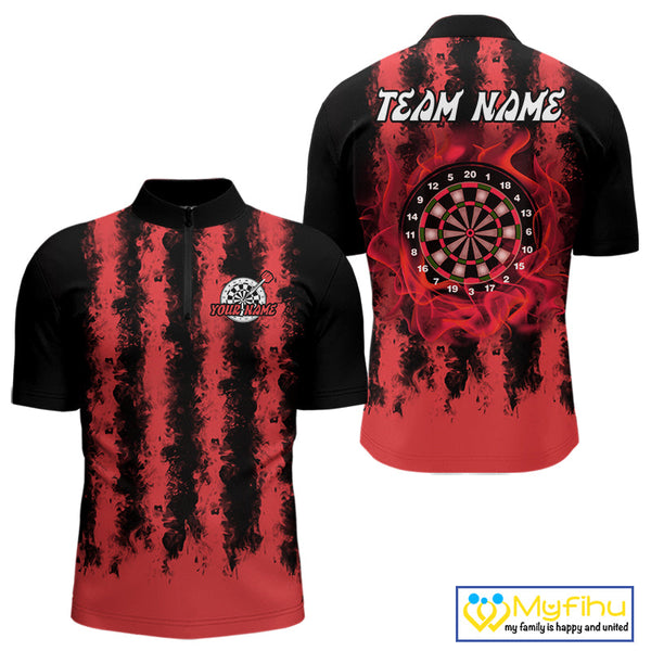 Custom Black And Red Fire Flame Dartboard Dart Quarter-Zip Shirts For Men, Team Uniform NYN0236