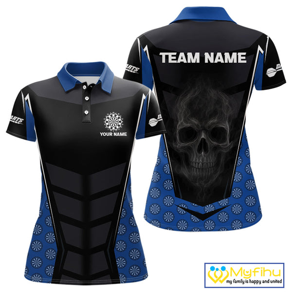 Custom Black And Blue Dartboard Pattern Smoke Skull Dart Team Polo Shirt For Women NYN0484
