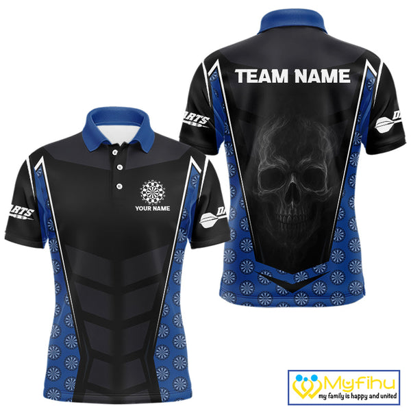 Custom Black And Blue Dartboard Pattern Smoke Skull Dart Team Polo Shirt For Men NYN0484