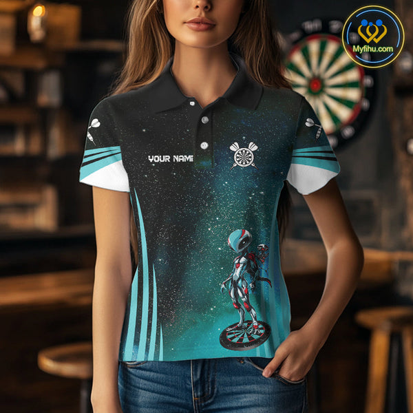 Custom Black And Blue Galaxy Alien Dart Team Polo Shirts For Women, Dart Jerseys NYN0239