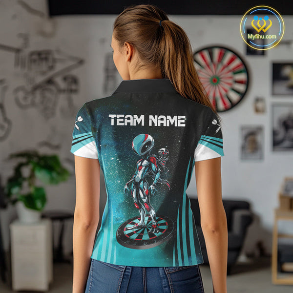 Custom Black And Blue Galaxy Alien Dart Team Polo Shirts For Women, Dart Jerseys NYN0239