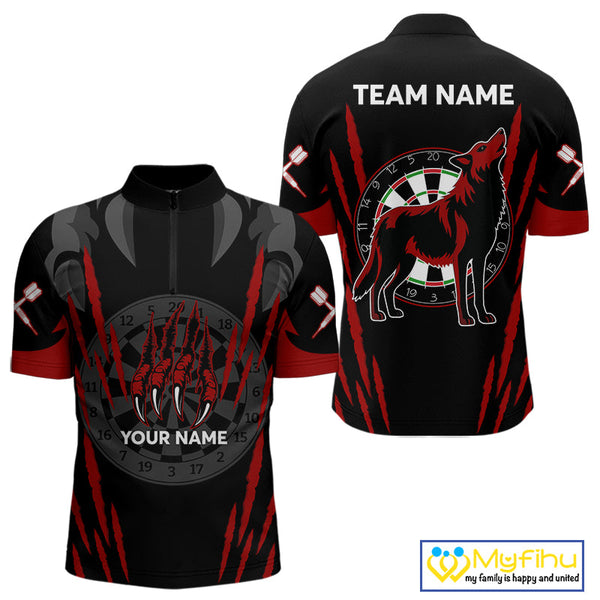 Custom Black And Red Wolf Darts Quarter-Zip Shirts For Men, Dart Tournament Team Shirt NYN0241
