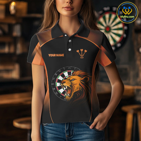 Custom Black And Orange Lion Darts Polo Shirts For Women, Dart Team Jerseys NYN0242