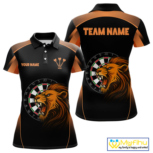 Custom Black And Orange Lion Darts Polo Shirts For Women, Dart Team Jerseys NYN0242