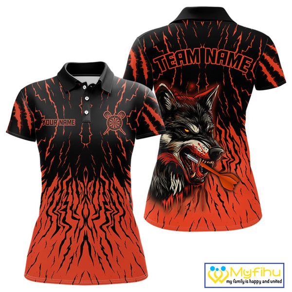 Custom Black And Orange Wolf Dart Team Polo Shirts For Women, Wolf Dart Jerseys NYN0243