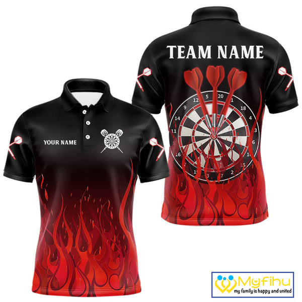Custom Black And Red Flame Dart Jerseys, Dart Tournament Polo Shirts For Men NYN0244