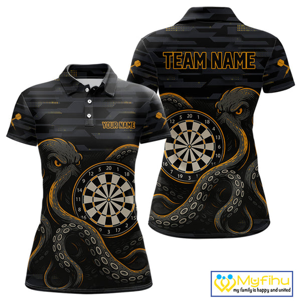 Custom Black And Yellow Octopus Dart Team Polo Shirt For Women, Dart Jerseys NYN0490