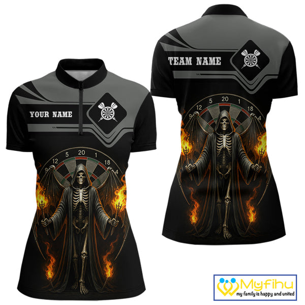 Custom Flame Grim Reaper Dart Quarter-Zip Shirt For Women, Halloween Dart Outfit NYN0493