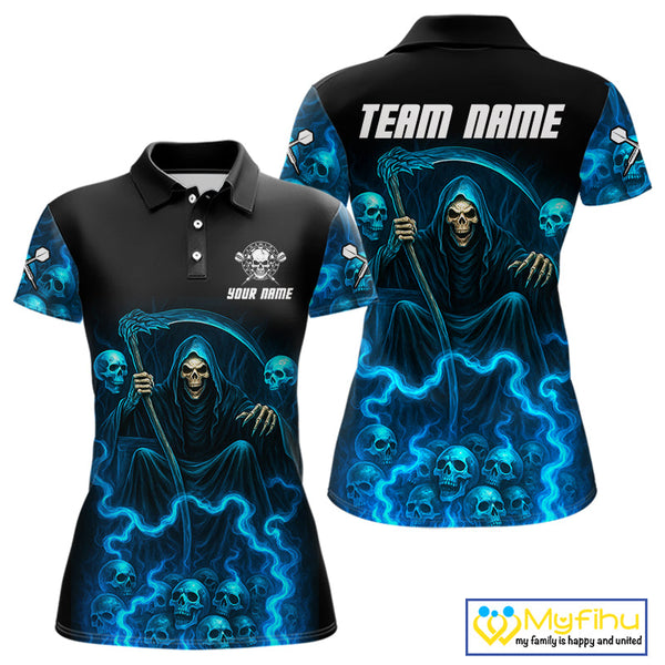 Custom Blue Lightning Grim Reaper Skull Dart Women Polo Shirt, Halloween Dart Outfit NYN0507