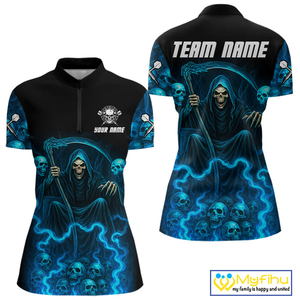Custom Blue Lightning Grim Reaper Dart Women Quarter-Zip Shirt, Halloween Dart Outfit NYN0507