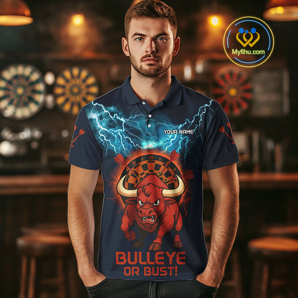 Custom Blue Thunder Lightning Bulleye Or Bust Dart Team Men Polo Shirts, Dart Jerseys NYN0262