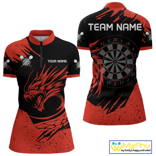 Custom Black And Red Dragon Darts Jerseys, Dart Women Quarter-Zip Shirts Dart League Shirt NYN0271