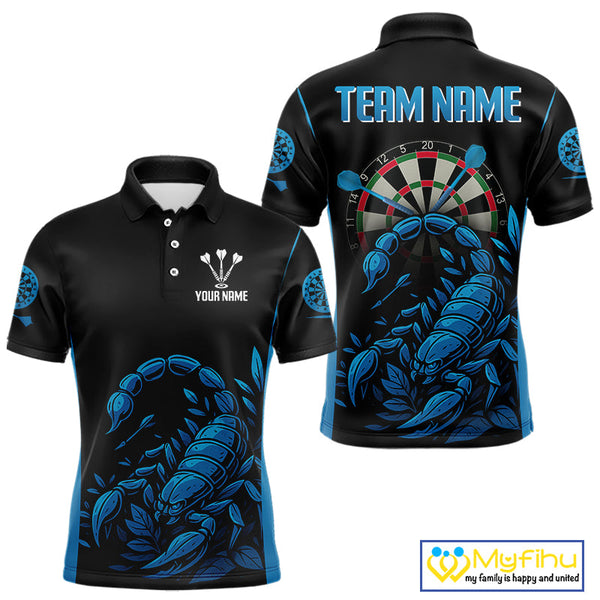 Custom Black And Blue Scorpion Dart Team Polo Shirts For Men, Dart League Shirt NYN0274