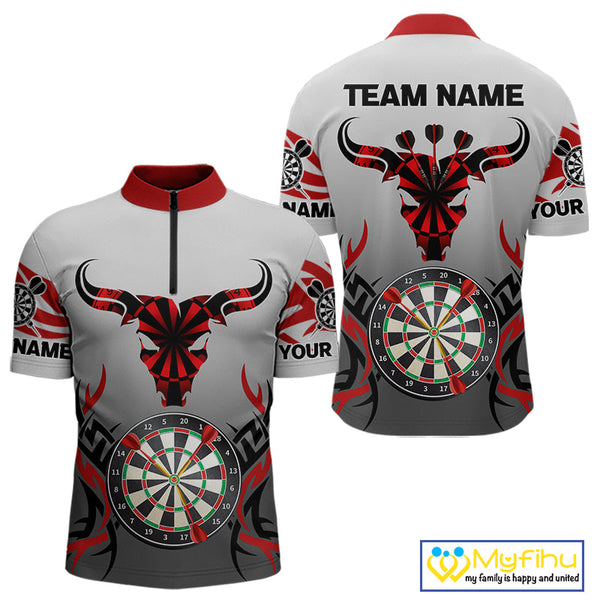 Custom Tribal Bull Dartboard Dart Quarter-Zip Shirt For Men, Dart League Shirt NYN0516