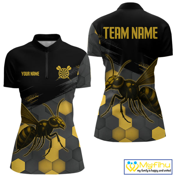 Custom Black And Yellow Bee Dart Team Women Quarter-Zip Shirts, Honeycomb Dart Shirt NYN0275