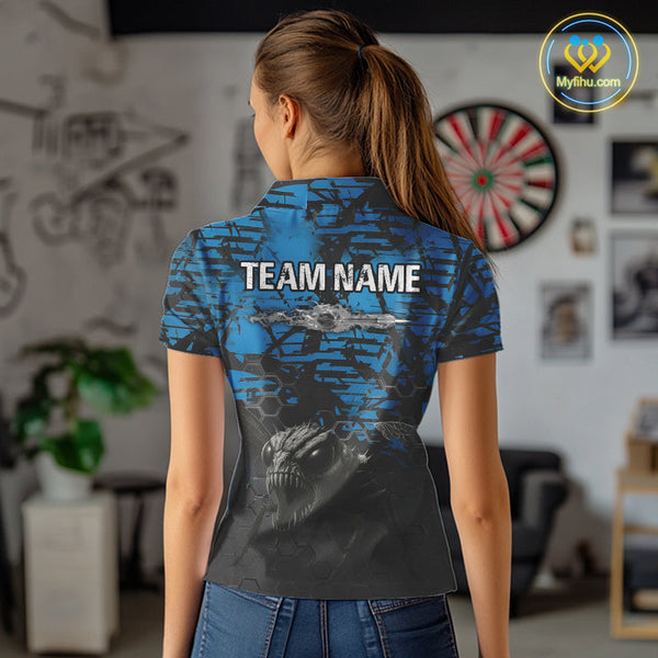 Custom Black And Blue Angry Bee Dart Team Polo Shirts For Women, Dart Jerseys NYN0282