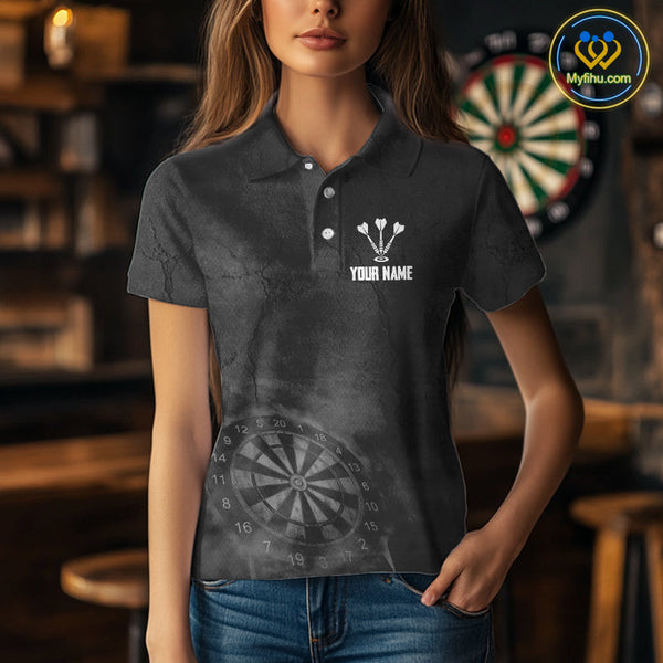 Custom Black And White Smoke Vintage Bull Dart Team Polo Shirts For Women, Dart Jerseys NYN0284
