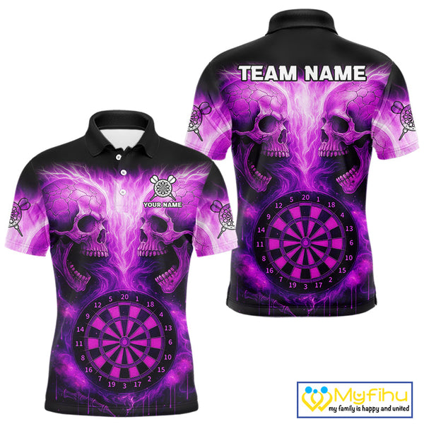 Custom Purple Flame Skull Dart Team Polo Shirt For Men, Halloween Dart Jerseys NYN0539