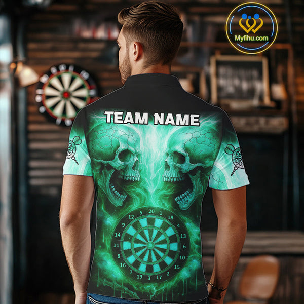 Custom Green Flame Skull Dart Team Polo Shirt For Men, Halloween Dart Jerseys NYN0541