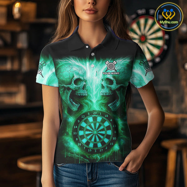 Custom Green Flame Skull Dart Team Polo Shirt For Women, Halloween Dart Jerseys NYN0541