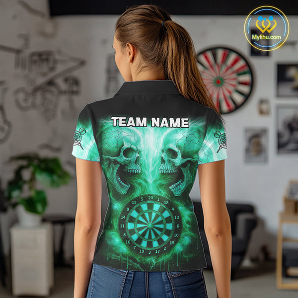 Custom Green Flame Skull Dart Team Polo Shirt For Women, Halloween Dart Jerseys NYN0541
