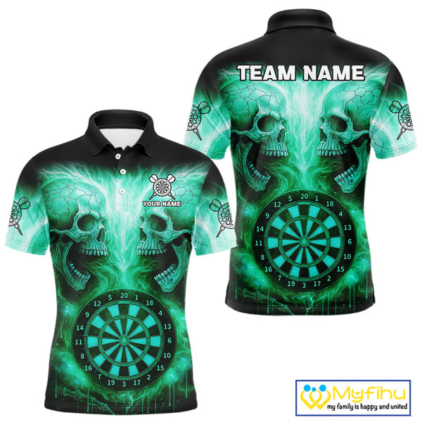 Custom Green Flame Skull Dart Team Polo Shirt For Men, Halloween Dart Jerseys NYN0541