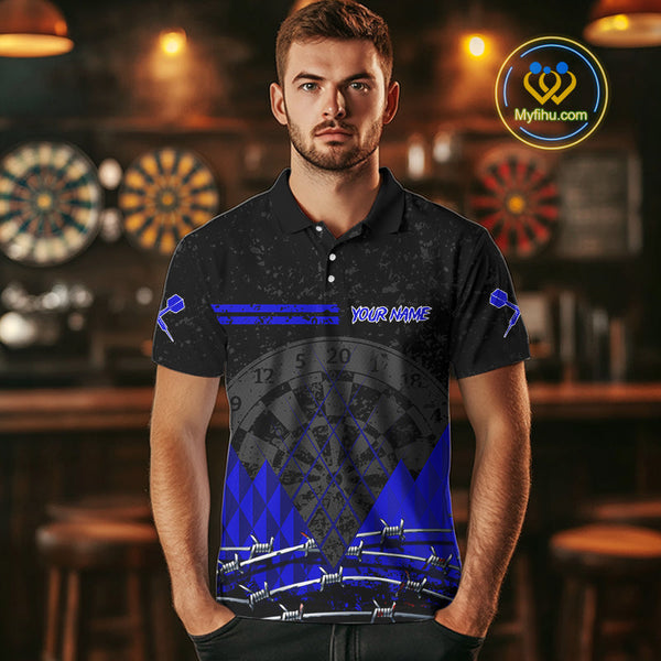 Custom Grunge Black And Blue Barbed Wire Dart Polo Shirts For Men, Dart Jerseys NYN0547