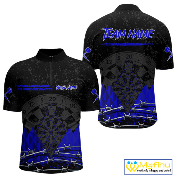 Custom Grunge Black And Blue Barbed Wire Dart Quarter-Zip Shirts For Men, Dart Jerseys NYN0547