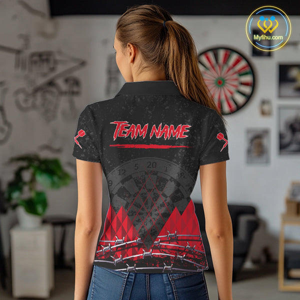 Custom Grunge Black And Red Barbed Wire Dart Polo Shirts For Women, Dart Jerseys NYN0548