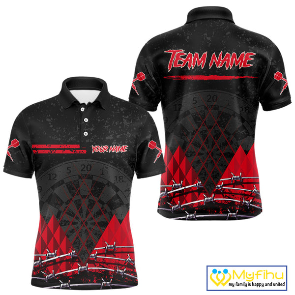 Custom Grunge Black And Red Barbed Wire Dart Polo Shirts For Men, Dart Jerseys NYN0548