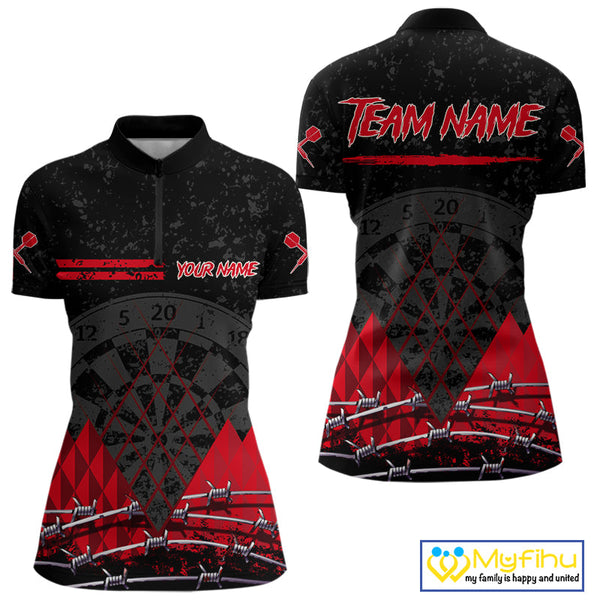 Custom Grunge Black And Red Barbed Wire Dart Quarter-Zip Shirts For Women, Dart Jerseys NYN0548