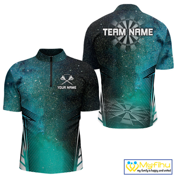 Custom Blue And Green Galaxy Dart Team Quarter-Zip Shirts For Men, Dart Jerseys NYN0287
