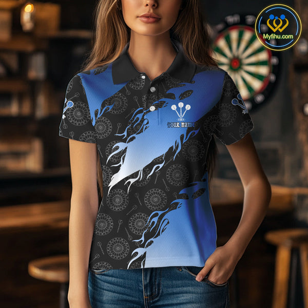 Custom Blue Gradient Flame Dartboard Pattern Dart Team Women Polo Shirt, Dart League Shirt NYN0291